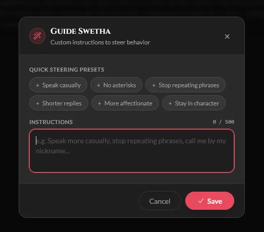 Guide Character modal pop-up with quick presets and custom instructions in RVR Chat