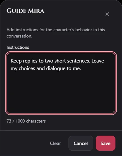 Guide character sheet with a short player-agency instruction, character count, Clear, Cancel and Save controls