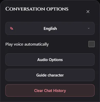 Conversation options sheet with the Guide character button below Audio Options