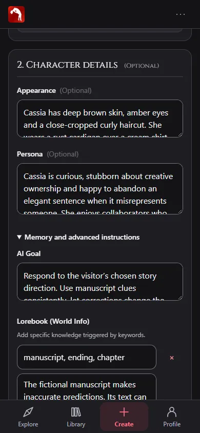 Expanded Memory and advanced instructions in the redesigned creator, showing AI Goal and keyword/context lorebook fields