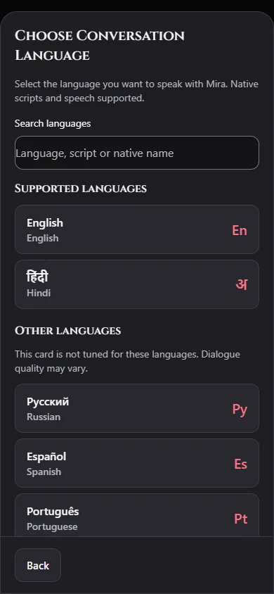 Current Choose Conversation Language sheet with intended card languages and other platform language choices
