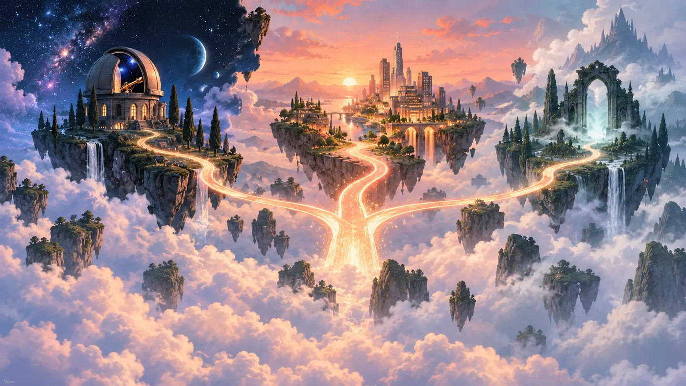 Branching illuminated paths connecting a fantasy gate, an observatory and a contemporary city on floating islands