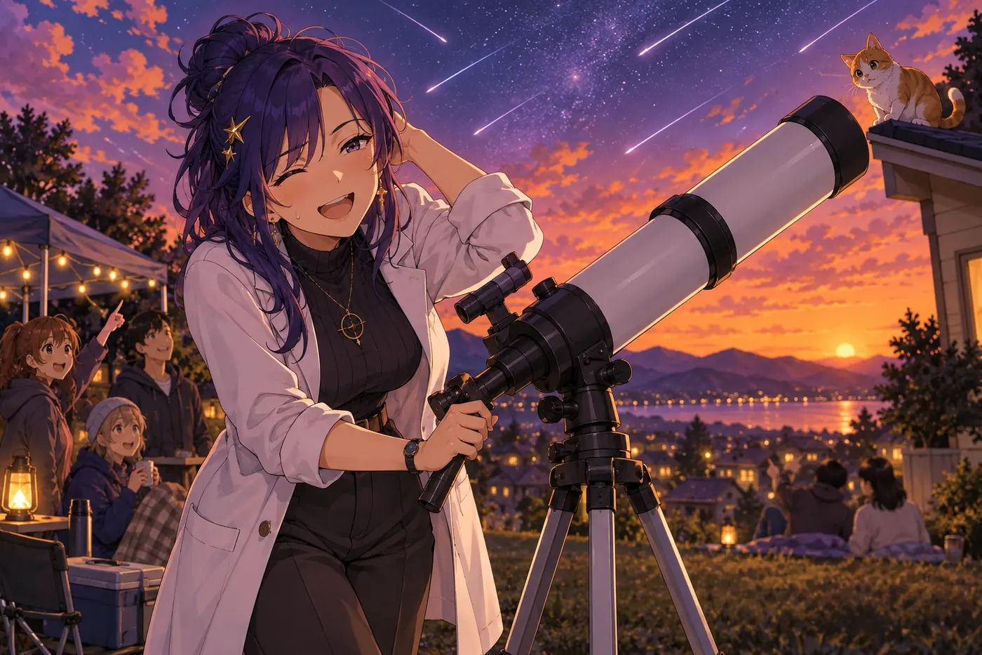 Original adult astronomer with indigo hair beside a comically misaligned telescope under a neighborhood meteor sky, anime editorial art