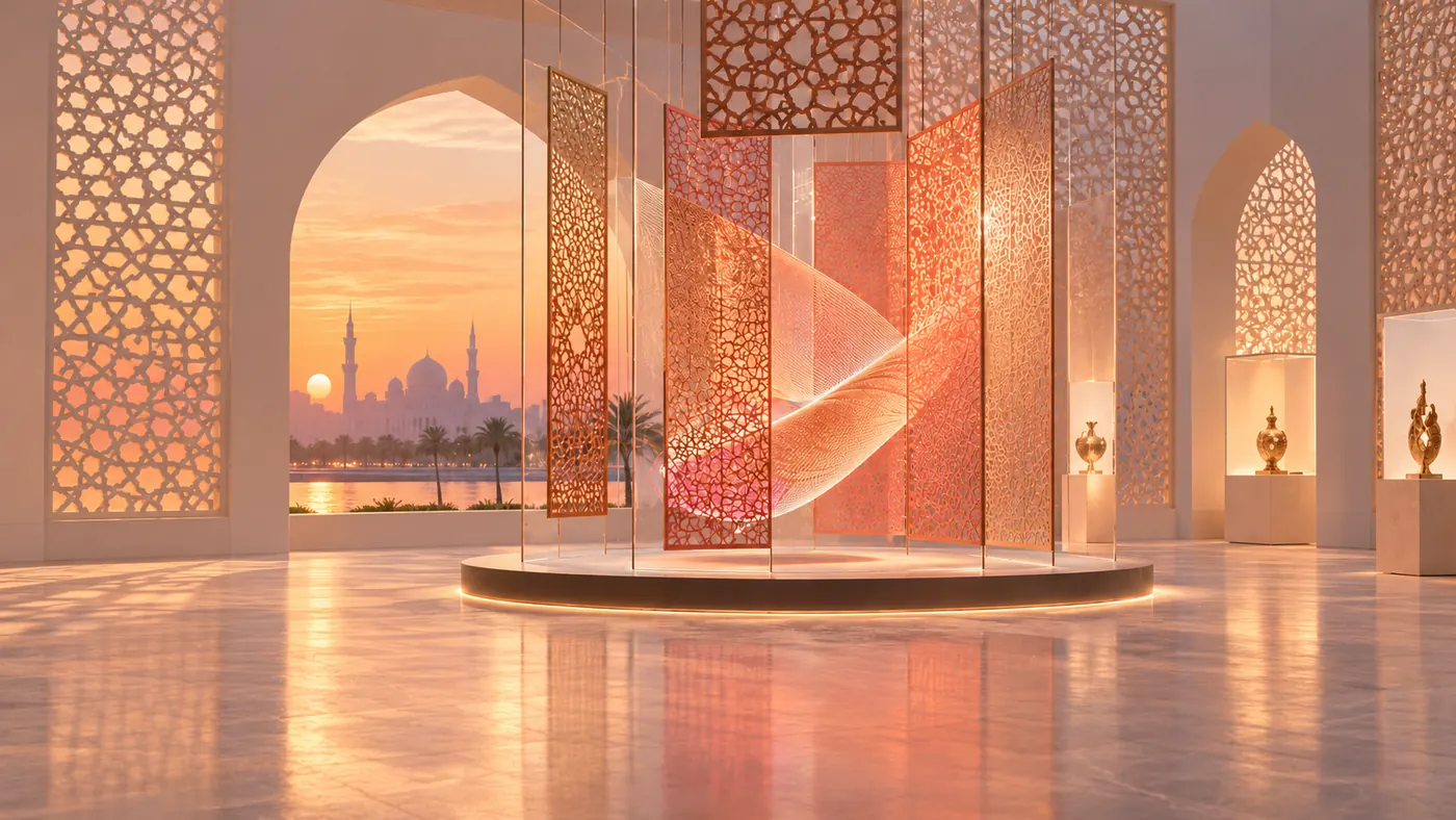 A contemporary Middle Eastern design exhibition with layered geometric screens and coral light, clean spacious composition
