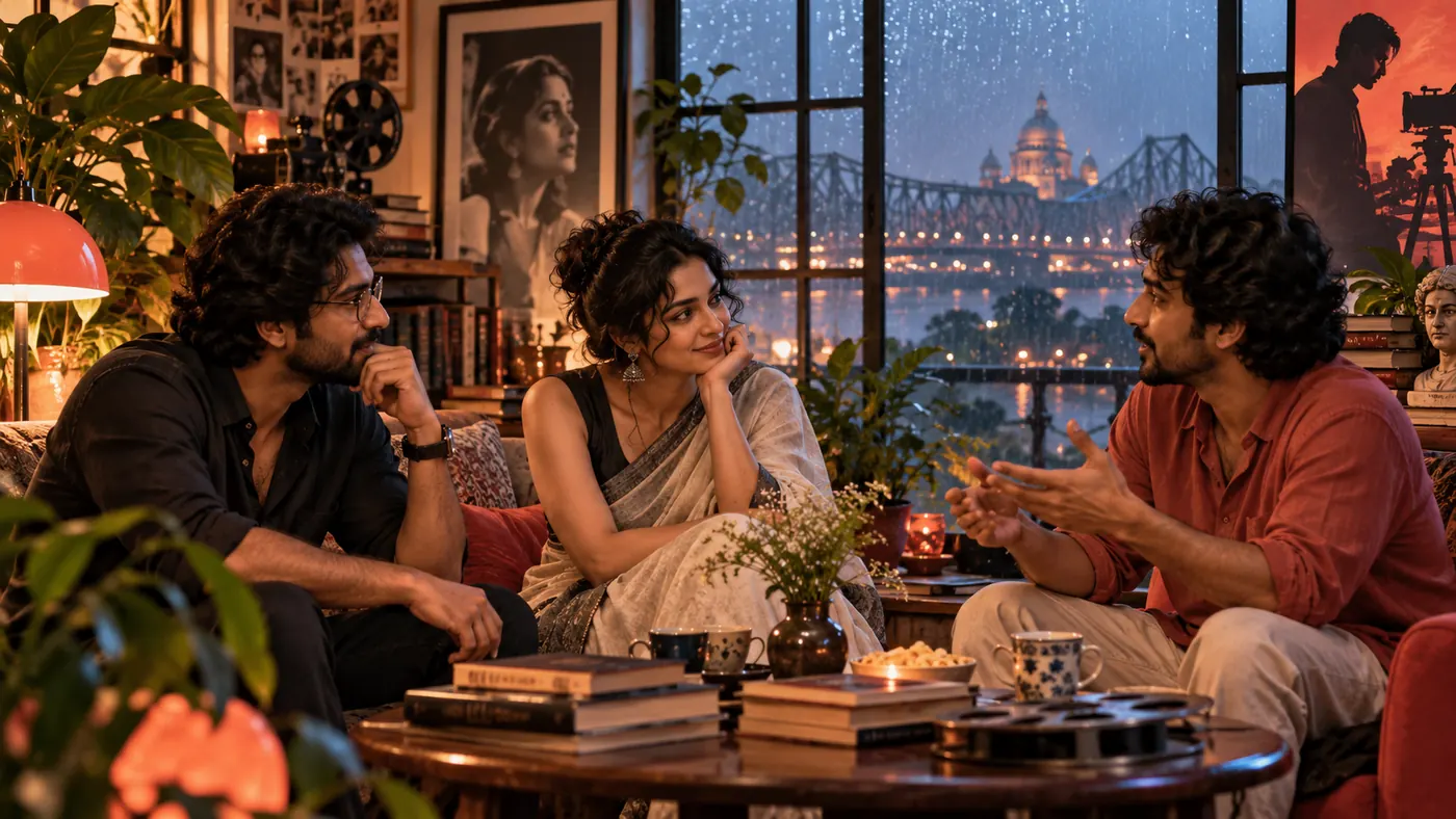 An intimate illustrated film-discussion salon with rain-lit windows and a few clearly adult friends, collage-like editorial art