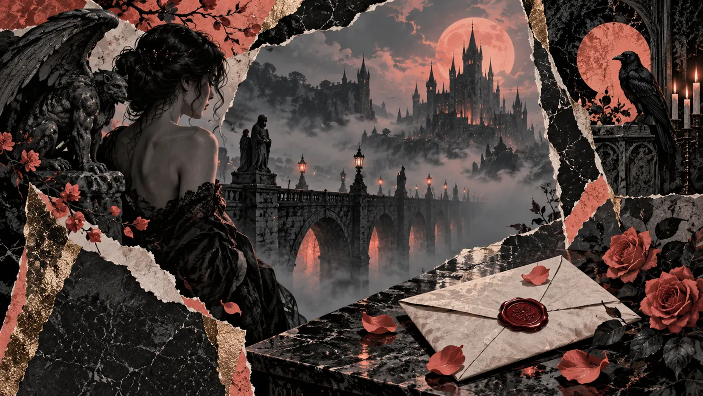 A broken cinematic frame opening into a misty gothic bridge and a single sealed letter, charcoal-and-coral editorial illustration