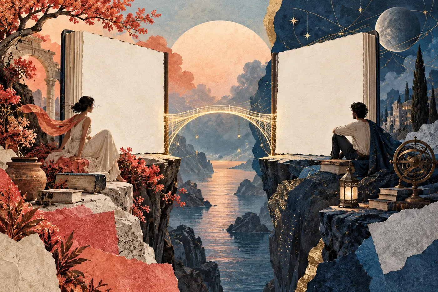 An elegant migration dossier metaphor, two distinct blank story folios connected by a luminous bridge, textured editorial ink art