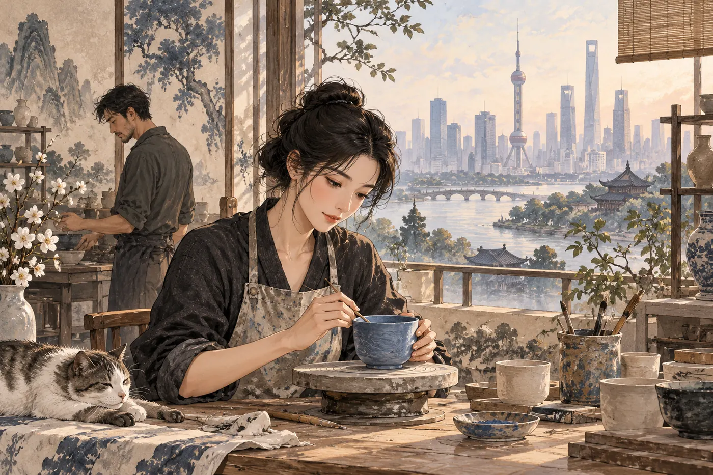 A contemporary ceramics studio with a blue unglazed cup and softly layered city window, Chinese editorial ink-and-gouache scene