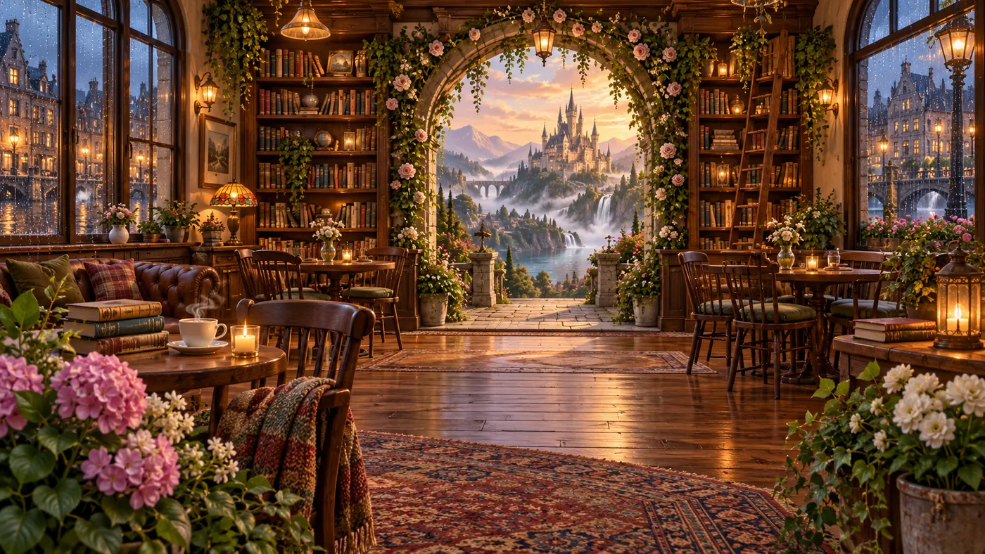 A warm book café with a flower-framed story portal and distant fictional castle.
