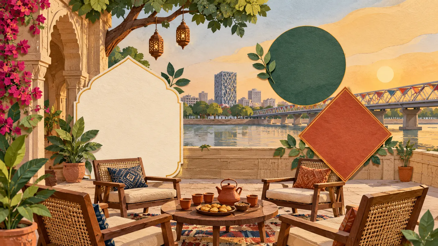 A modern Ahmedabad courtyard prepared for a small tea gathering, geometric invitation-card shapes without writing, warm handmade illustration