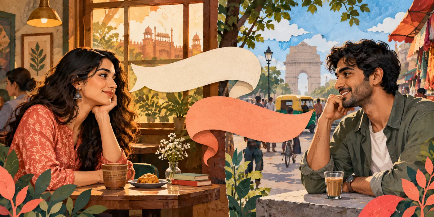 A split illustrated Delhi cafe scene, one warm window and one contemporary street, two blank speech ribbons suggesting script choices