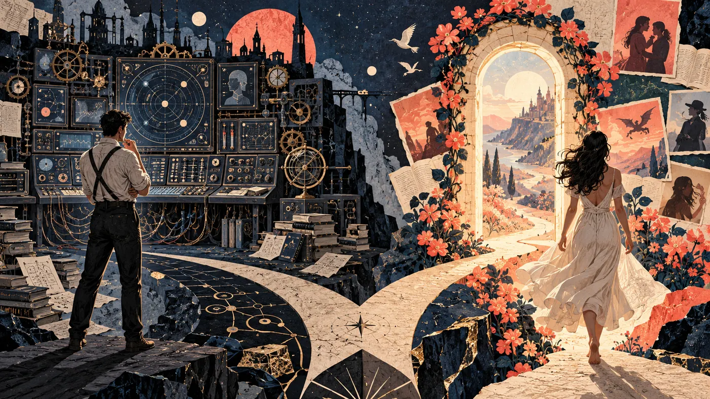 Two contrasting illustrated setup paths, intricate control console versus a simple illuminated story doorway, no labels or UI text