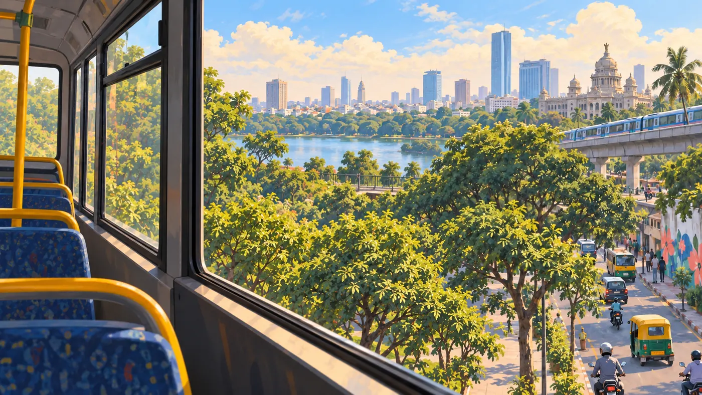 A stylized Bengaluru bus-window view with a small cafe meeting point and urban greenery, calm illustrated commuter strip