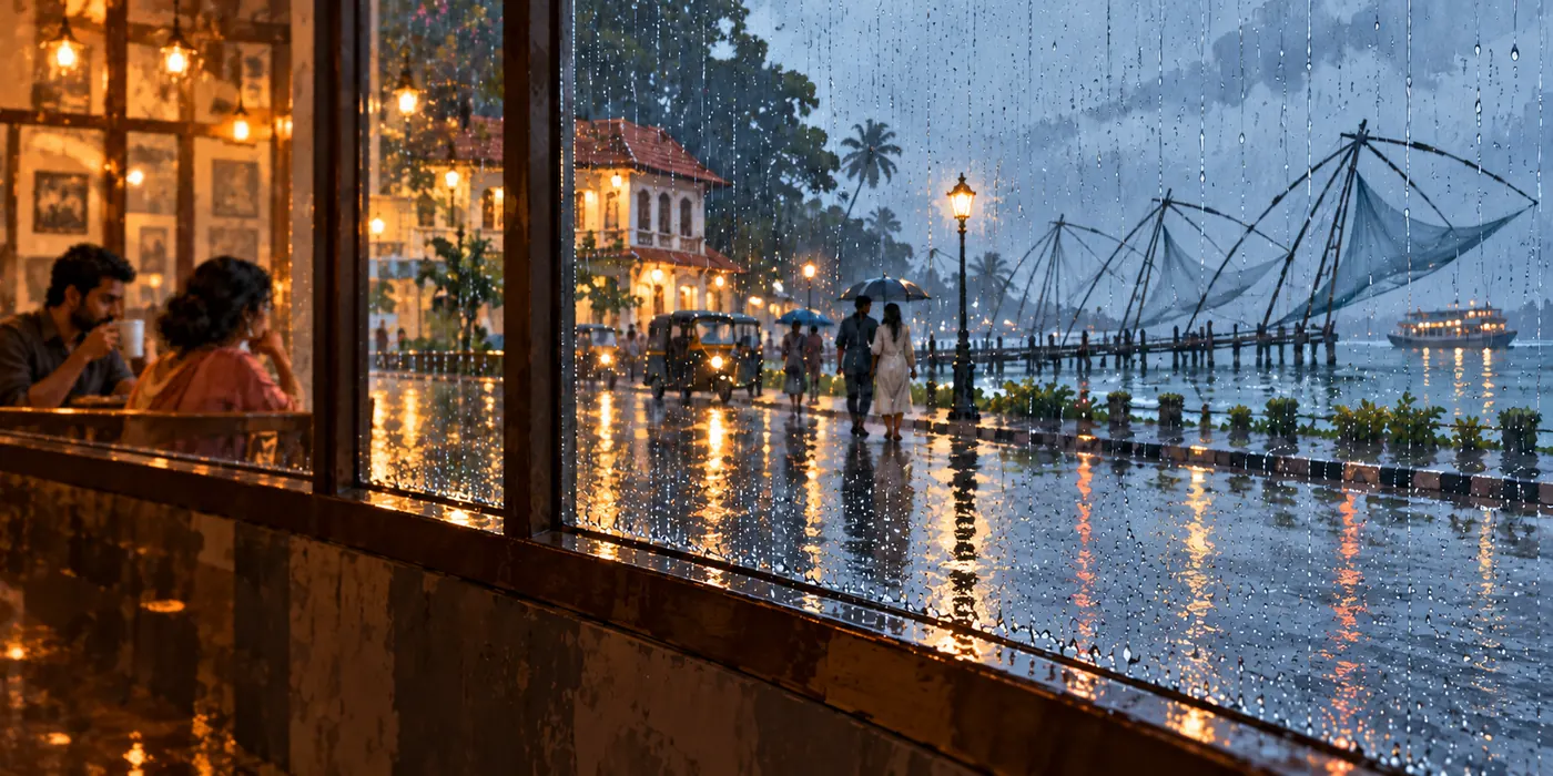 Rain running down a Kochi cafe window with warm tea light and an umbrella in the foreground, painterly close scene