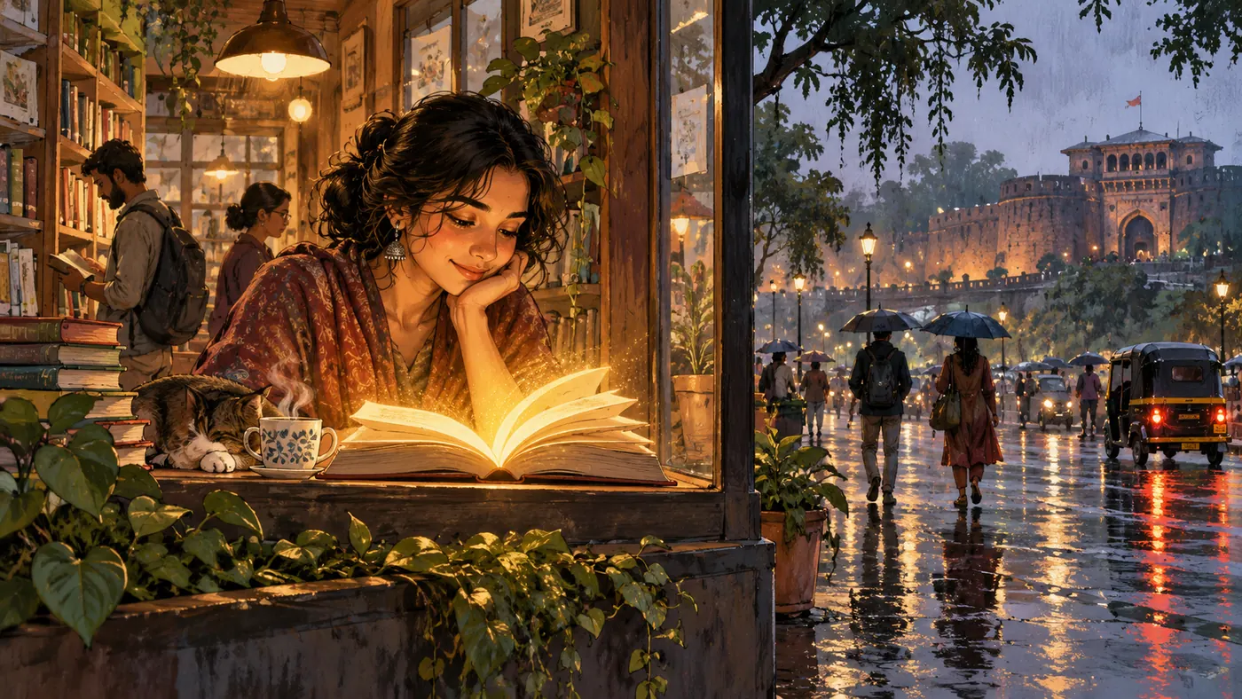 A contemporary Pune bookshop window with one open book-shaped glow and monsoon street reflections, editorial notebook illustration
