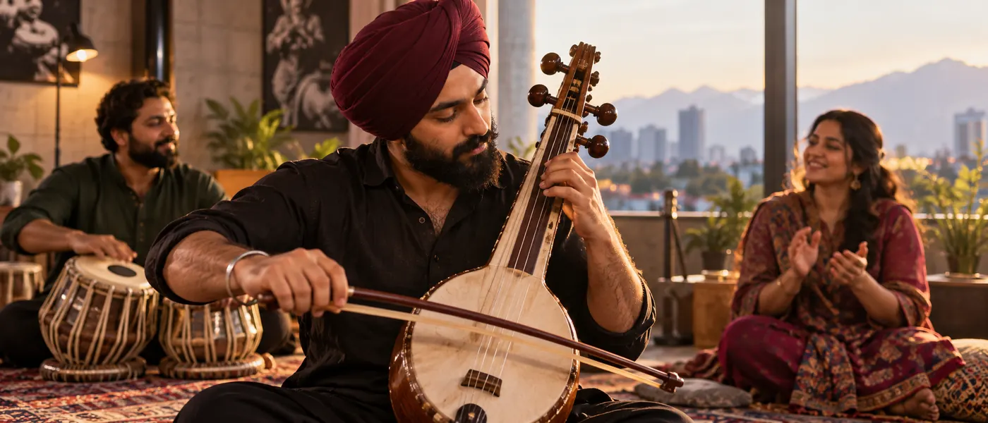 A clearly adult musician rehearsing with a string instrument in a contemporary community venue, expressive rhythmic brush strokes