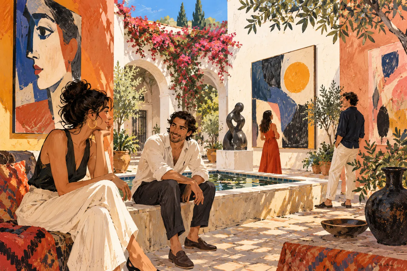 A contemporary art courtyard with sunlit painted walls and abstract original paintings, bright editorial sketchbook composition
