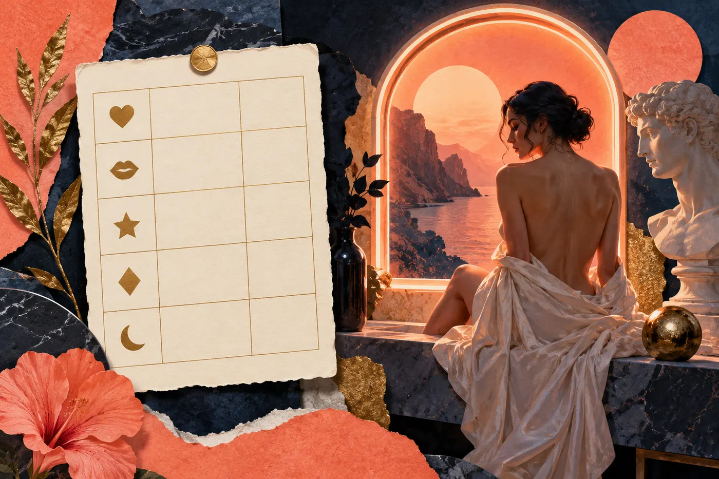 A refined blank decision scorecard beside a luminous gallery frame, asymmetric editorial paper collage with coral light