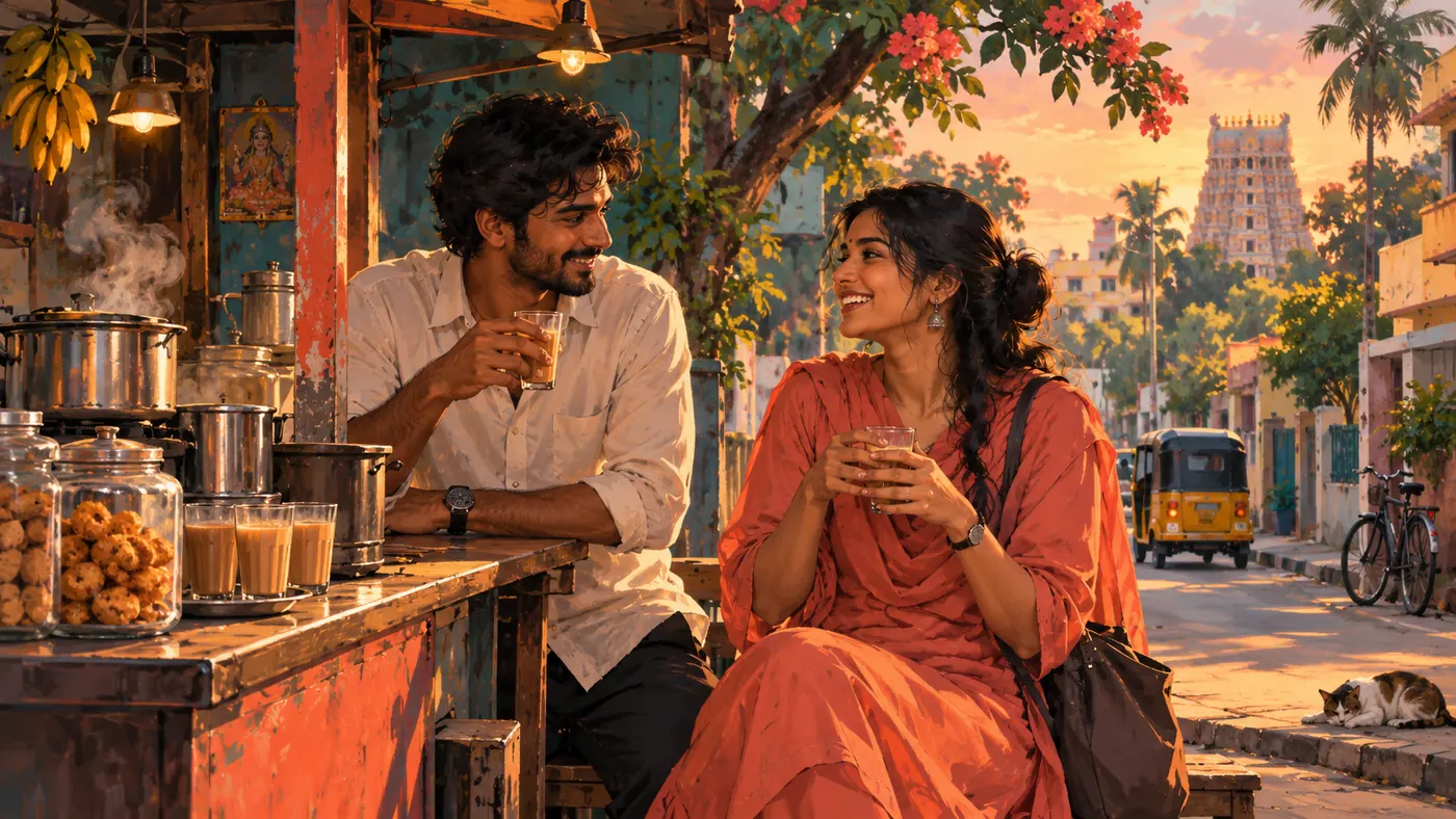 Chennai tea stall at a quiet contemporary street corner, two clearly adult coworkers in a restrained warm cinematic illustration