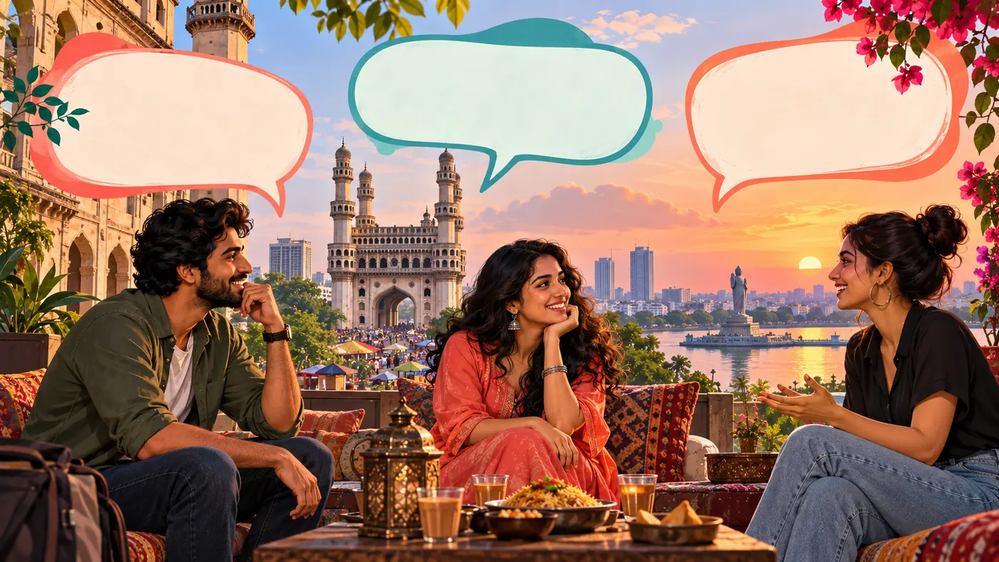 An illustrated Hyderabad weekend meeting point with three distinct empty conversation frames arranged like a scene board, no text