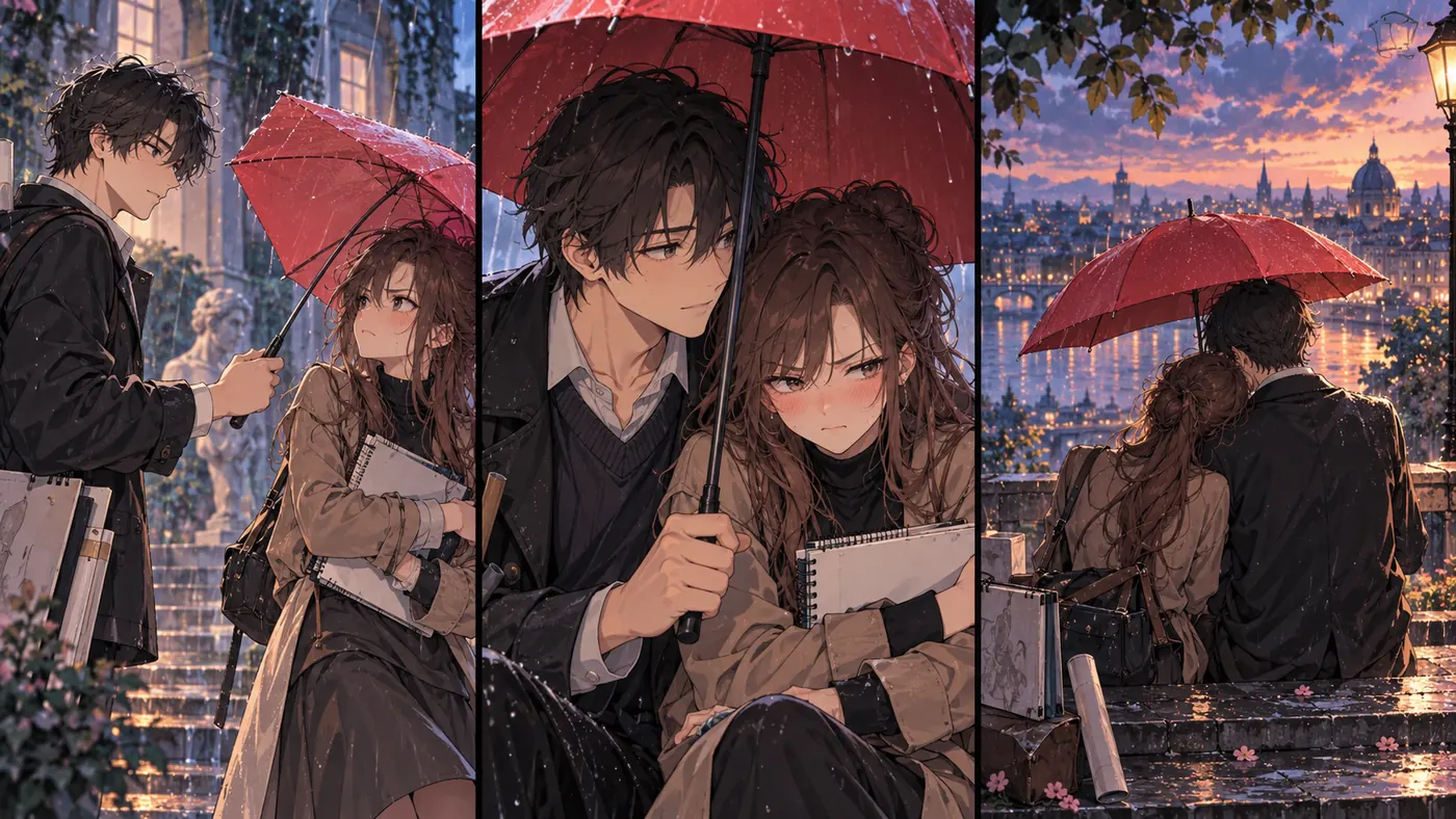 Three-panel original anime comic composition of clearly adult art students and a shared umbrella, distinct expressive poses, no text