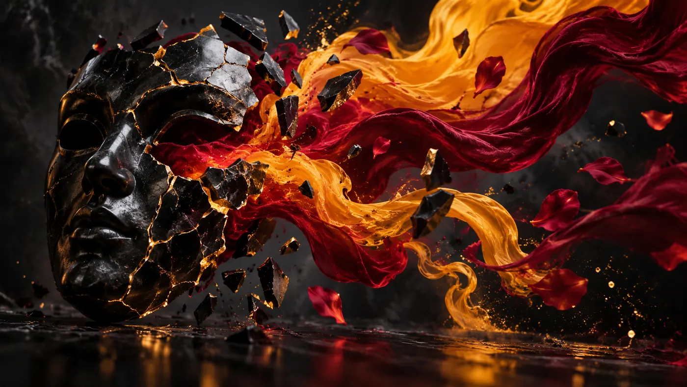 A fractured obsidian theater mask releasing velvet coral ink ribbons into a cinematic dark void, mature editorial metaphor, no explicit imagery